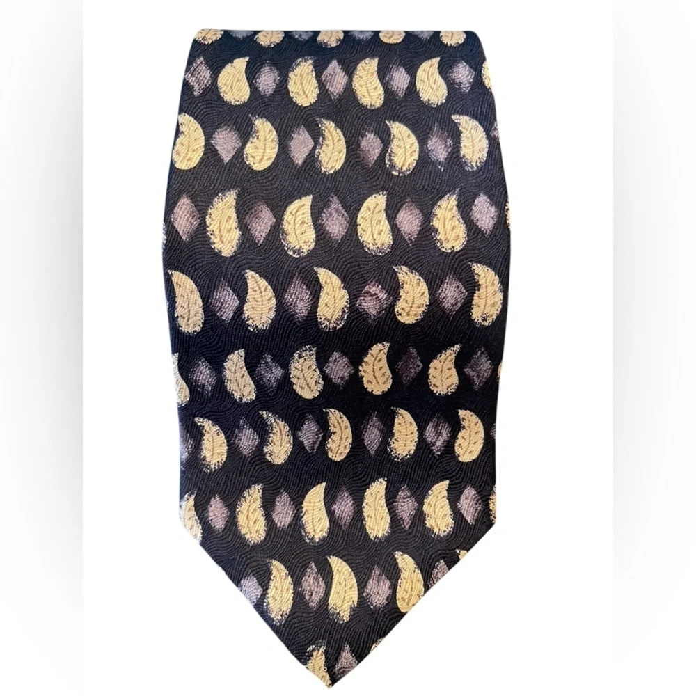 🖤🤎Geoffrey Beene Elegant Black, Tan & Plum Men's Tie leaf/feather pattern. Silk